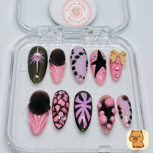 Y2K Pop Art Press-On Nails – Pink and Black Abstract Nail Art with 3D Bubbles, Stars & Bow – Handmade Bold Graphic Set