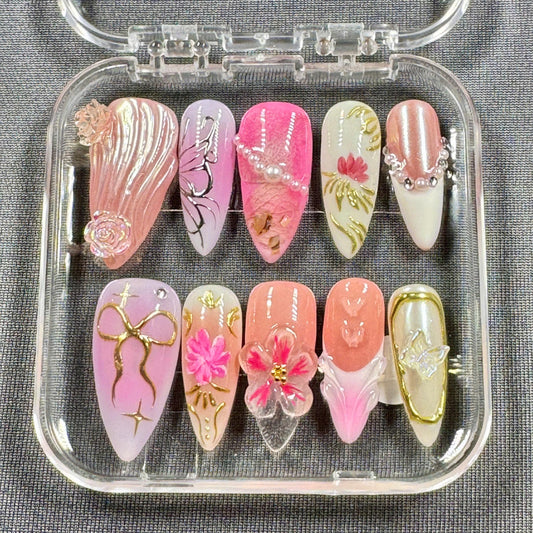Blooming Grace Press On Nails – Elegant Pink Butterfly Floral Nails with Pearl & Gold Accents | Gift for Her