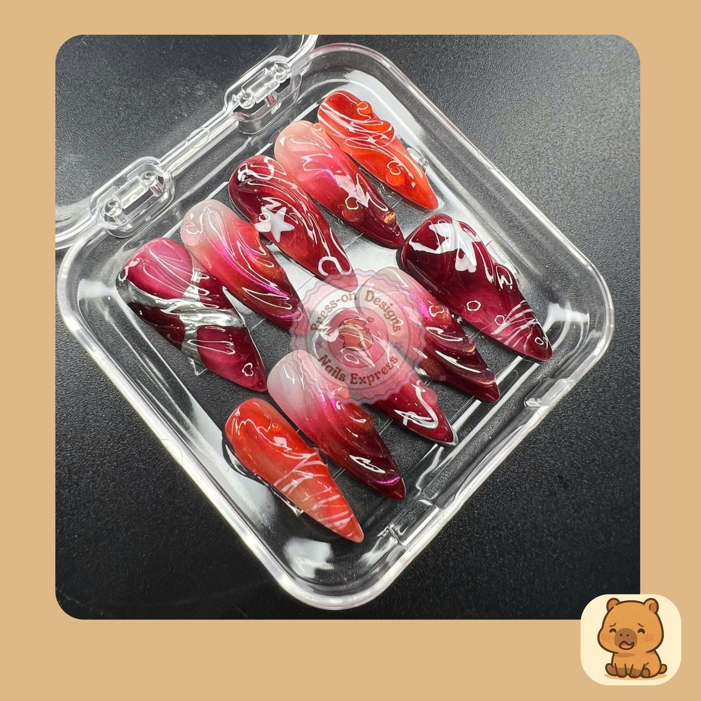 Crimson Ombre Press-On Nails with Chrome Wrap, White Swirl Nail Art & Glossy Finish – Handmade Fake Nails for Bold, Reusable Gift for Her