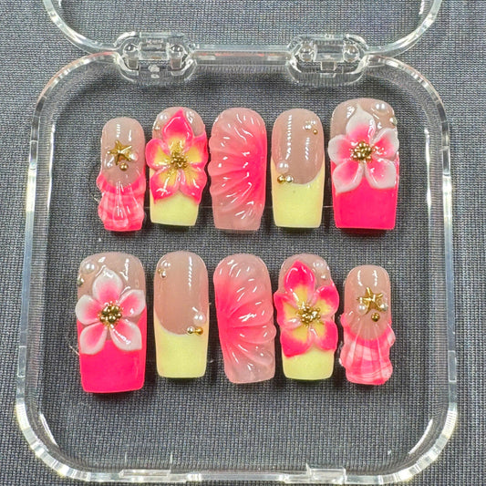 Tropical Bloom Press On Nails – Pink Petals with Sunset Yellow Glow | Gift for Her