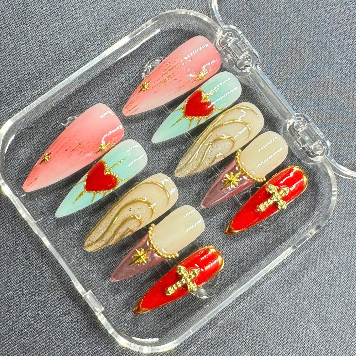 Divine Heart Press-On Nails – Red Heart Art with Cross Charms, Gold Details and Pastel Gradient | Handmade Nails for Statement Looks