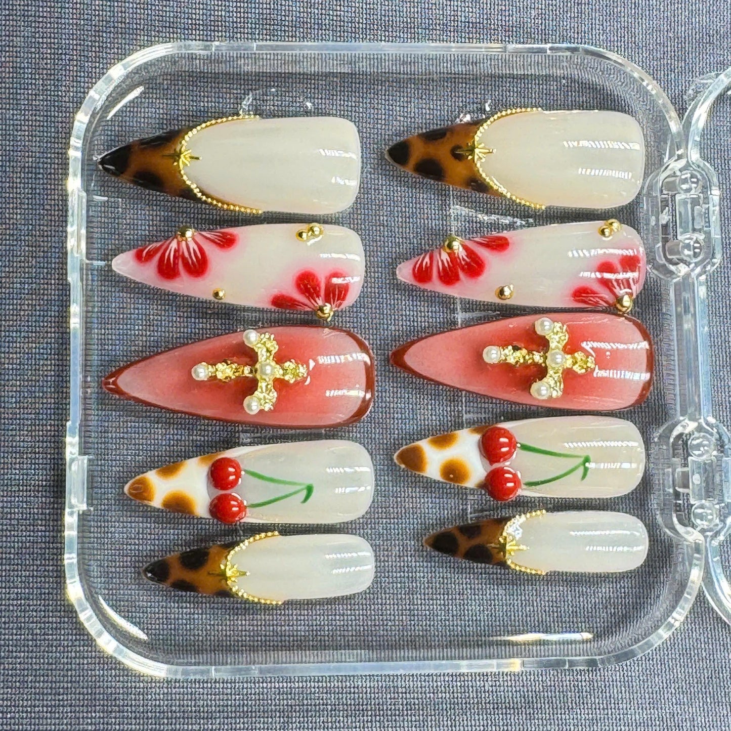 Pastel Floral Press-On Nails – Hand-Painted Summer Garden Design – Reusable Gel Nail Set
