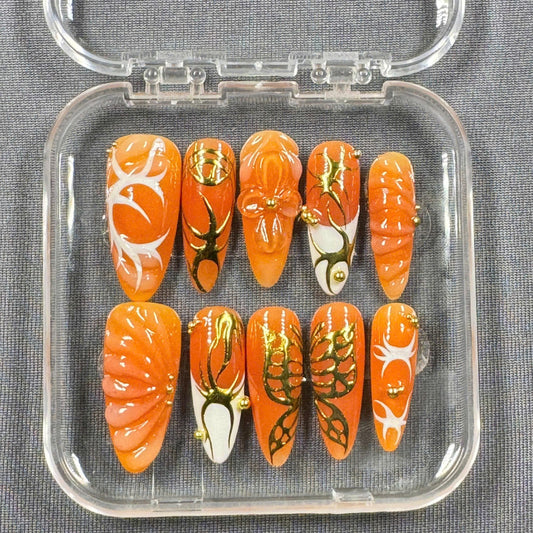 Golden Flame Bloom Press On Nails – Orange Gloss, 3D Flower & Abstract Gold Art | Gift for Her