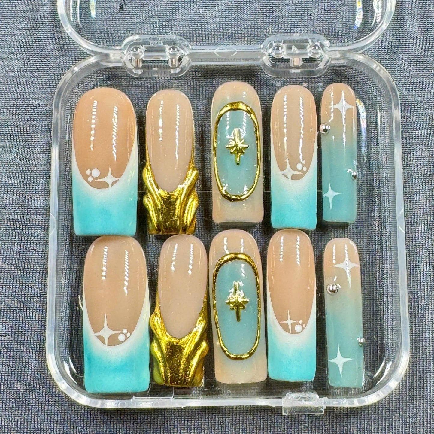 Celestial Sands Press On Nails – Nude Turquoise Gradient with Star Charms and Gold Accent | Gift for Her