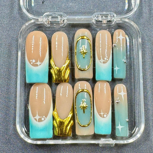 Celestial Sands Press On Nails – Nude Turquoise Gradient with Star Charms and Gold Accent | Gift for Her