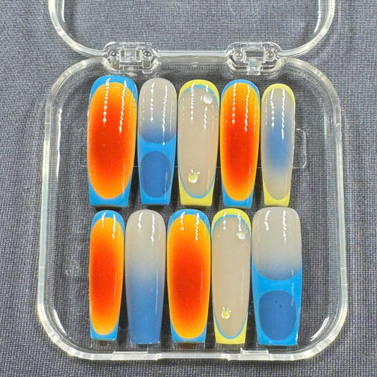 Sunset Mirage Press-On Nails – Red Orange Blue Gradient with Yellow Edges and Gloss Finish | Handmade Nails for Summer or Vacay Vibes