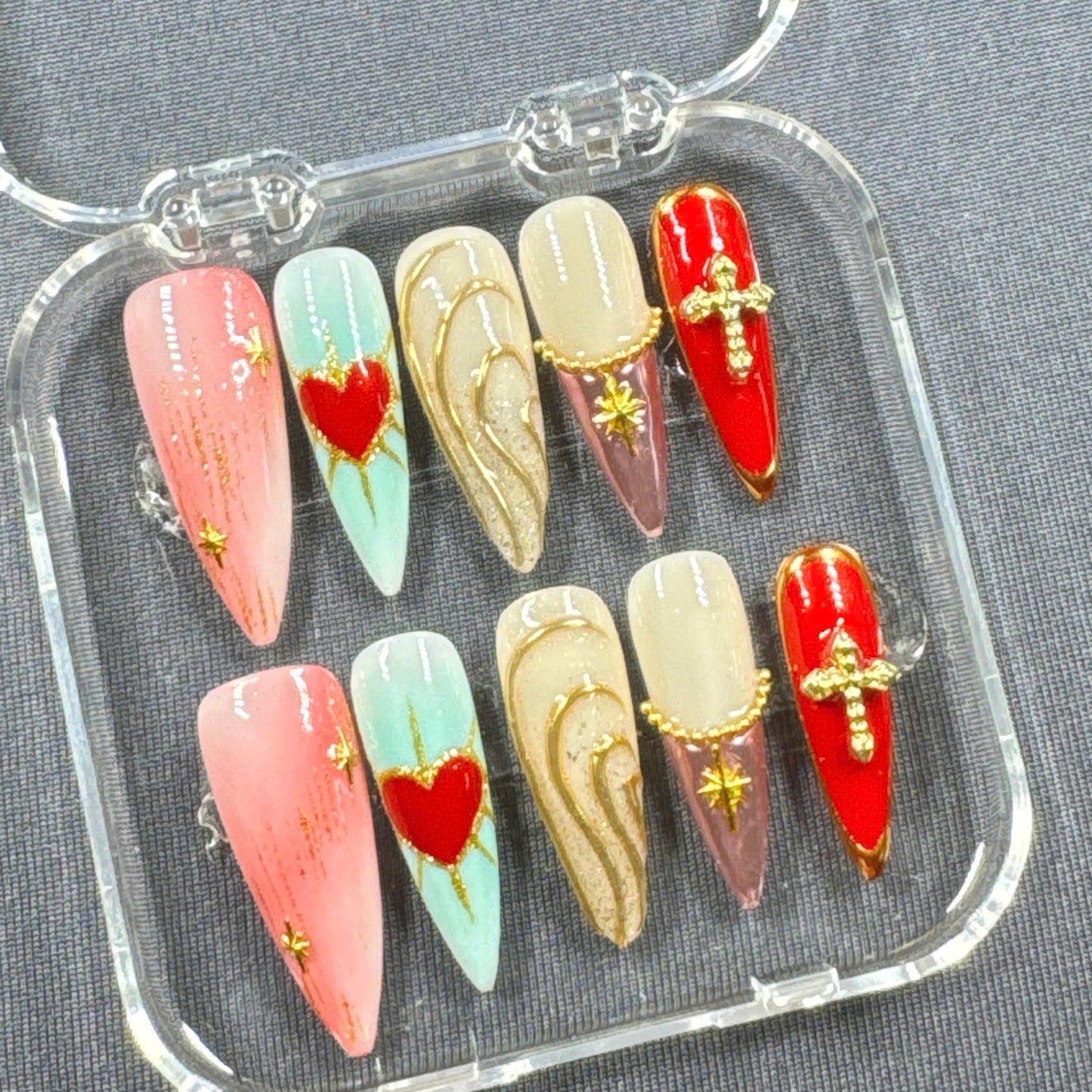 Divine Heart Press-On Nails – Red Heart Art with Cross Charms, Gold Details and Pastel Gradient | Handmade Nails for Statement Looks
