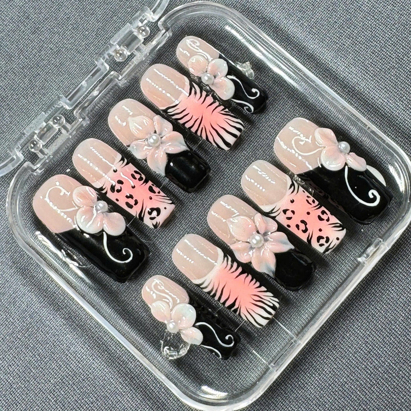 Blush Safari Bloom Press On Nails – Nude Black Mix with 3D Flowers & Animal Print | Gift for Her