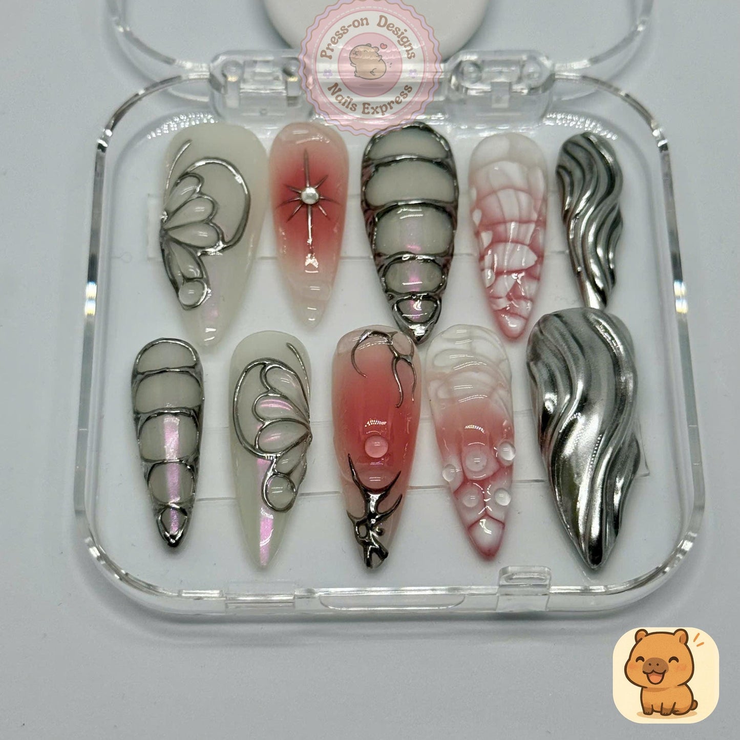 Futurist Bloom Press-On Nails – Silver Chrome and Contour Line Nail Art with 3D Bubbles & Sculpted Texture – Handmade Abstract Set