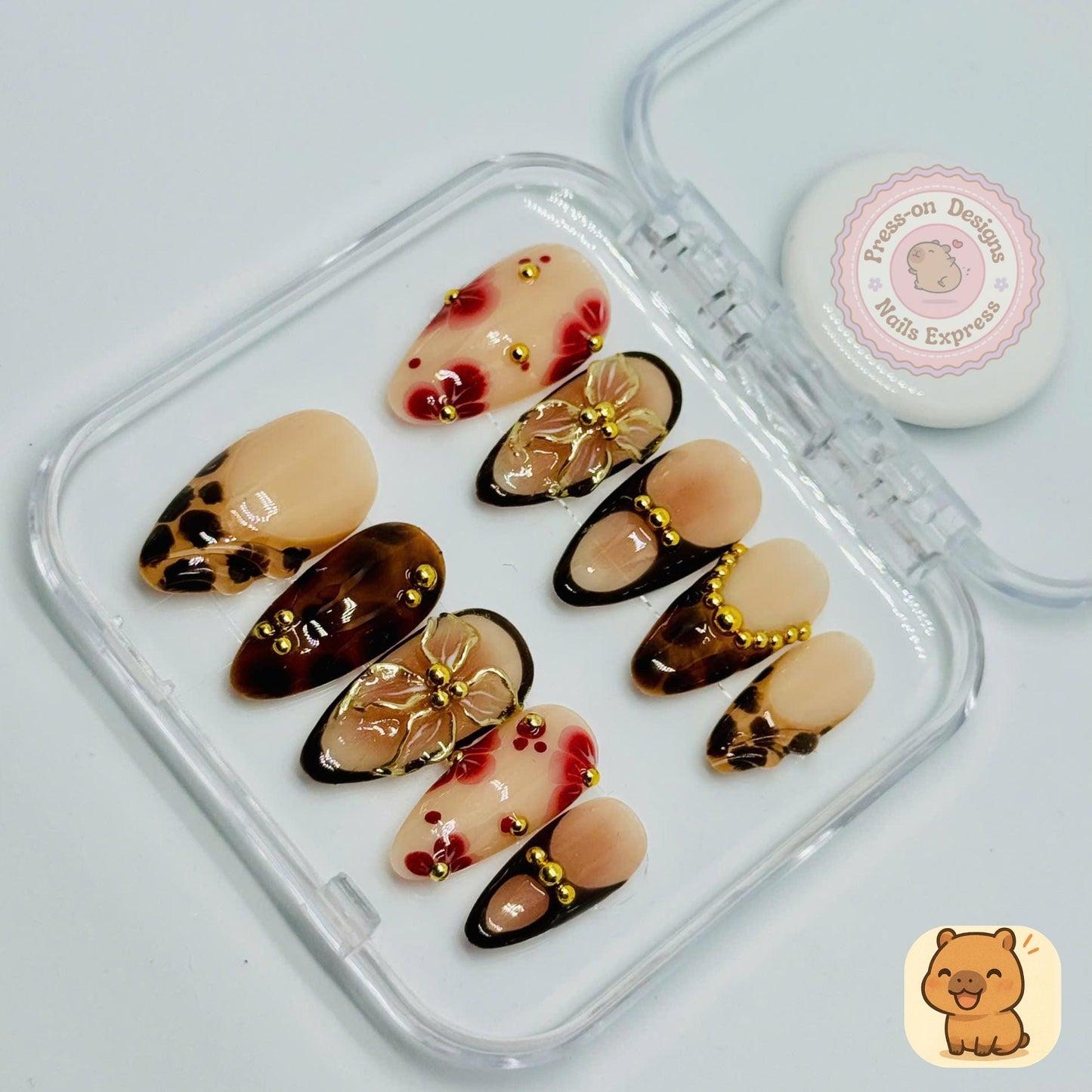 Nude Bloom Luxe Press-On Nails – Handmade Almond Set with Leopard Print, 3D Floral Bows & Gold Beads – Elegant Neutral Nail Art Gift for Her