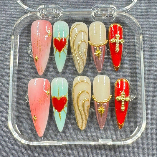 Divine Heart Press-On Nails – Red Heart Art with Cross Charms, Gold Details and Pastel Gradient | Handmade Nails for Statement Looks