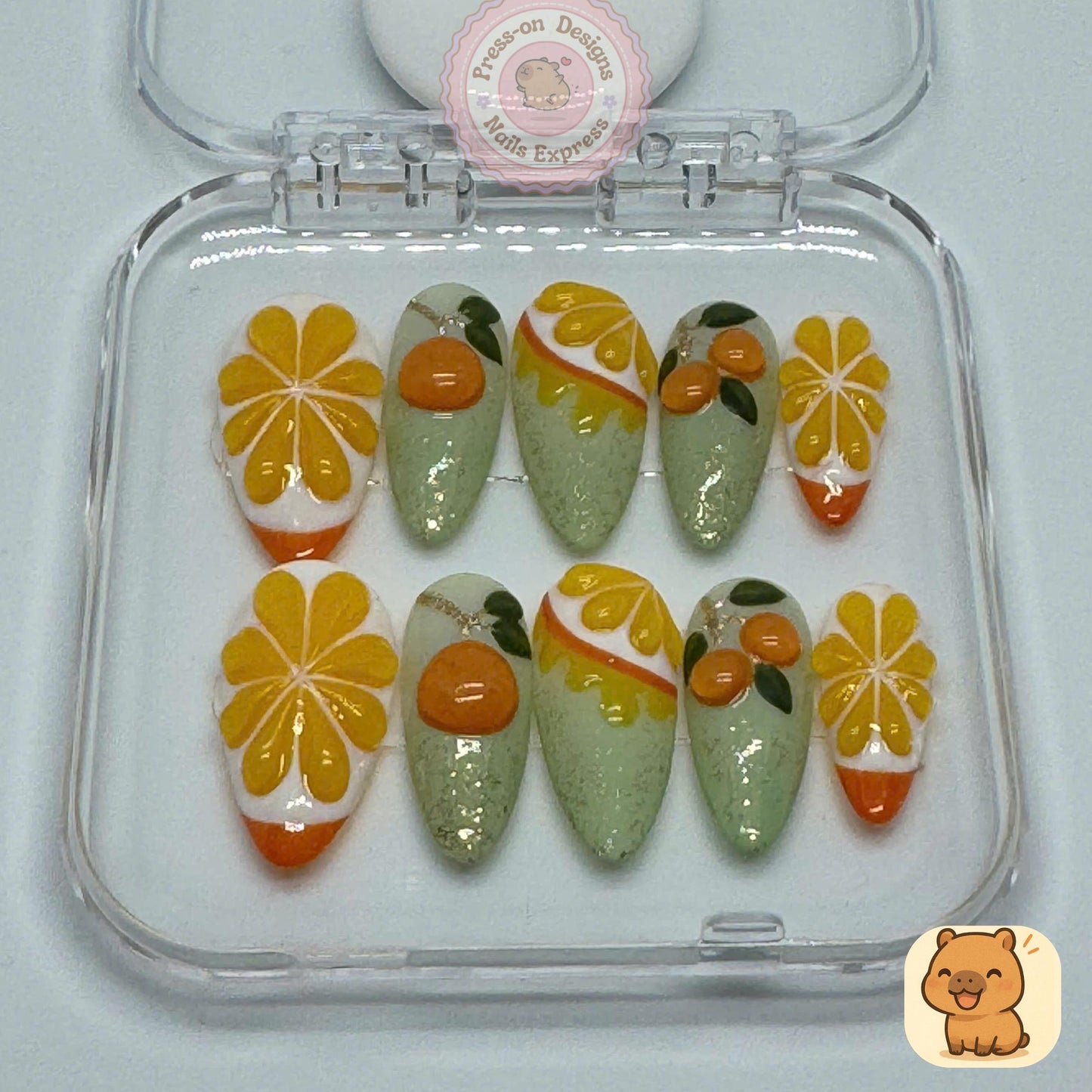 Citrus Bloom Press-On Nails – Orange Fruit & Flower Nail Art with Green Glitter Ombré – Handmade Summer Garden Set