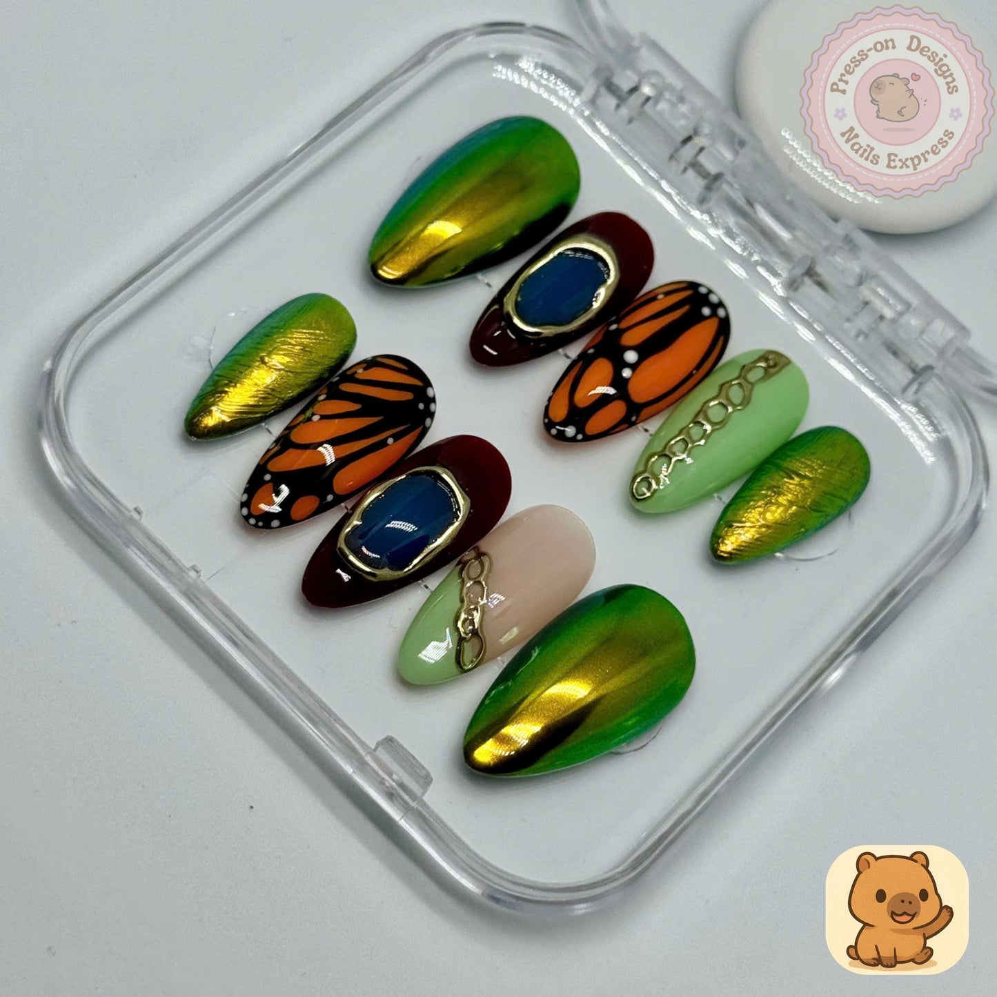 Butterfly Chrome Luxe Press-On Nails – Handmade Long Almond Nail Art with Gold Foil, Green Chrome & Jewel Accents Gift for Her
