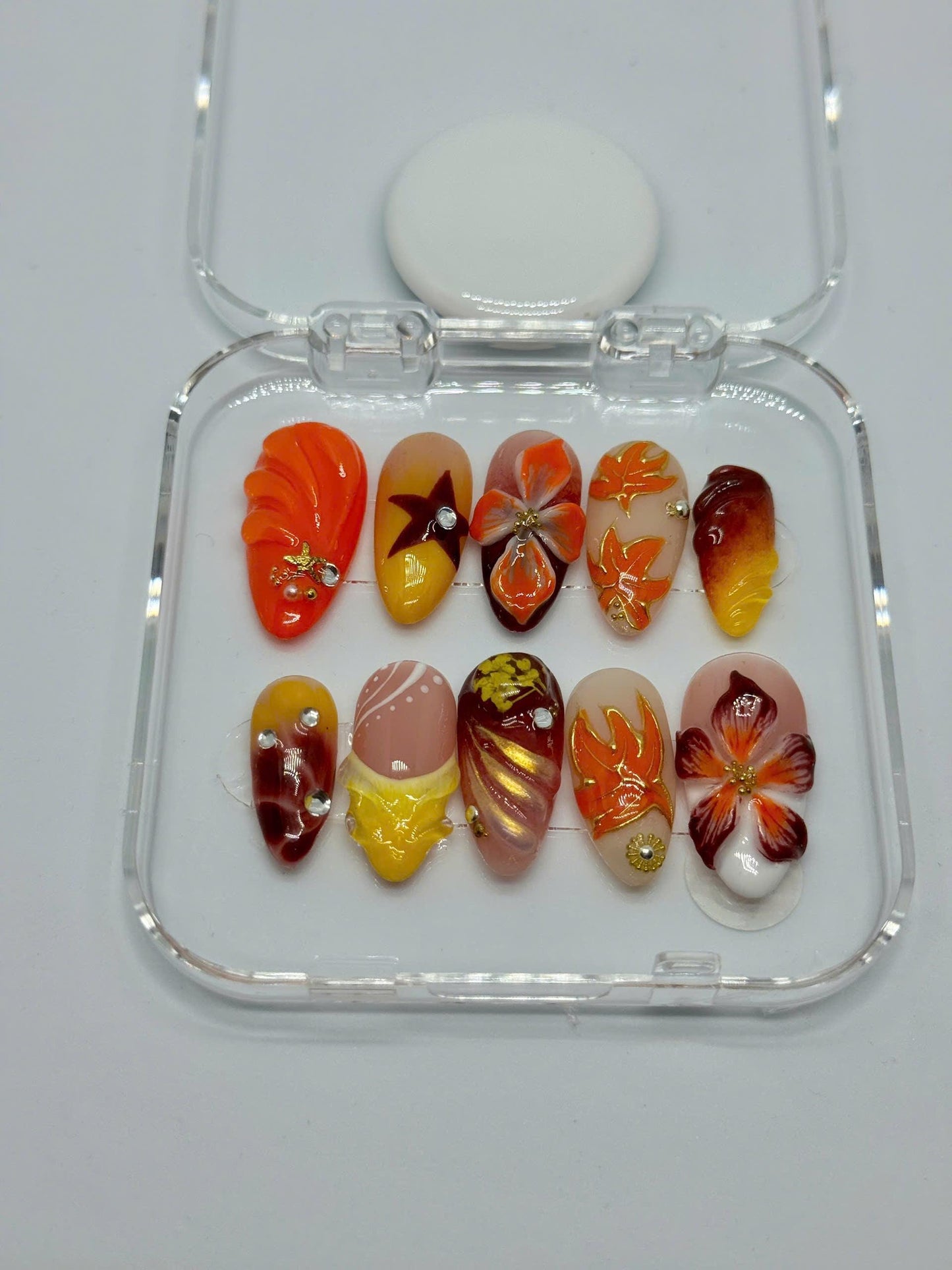 Autumn Blaze Press-On Nails – 3D Floral & Leaf Designs in Orange, Red Gold | Handmade Nails for Fall, Thanksgiving, or Gift for Her