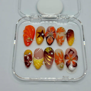 Autumn Blaze Press-On Nails – 3D Floral & Leaf Designs in Orange, Red Gold | Handmade Nails for Fall, Thanksgiving, or Gift for Her
