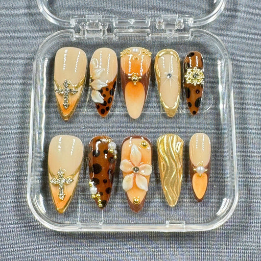 Golden Safari Press On Nails – Hand Drawn Leopard, 3D Florals, and Chrome Accents in Almond Shape | Gift for Her
