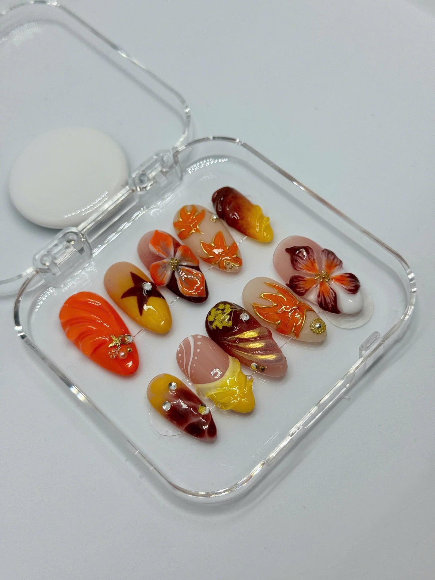 Autumn Blaze Press-On Nails – 3D Floral & Leaf Designs in Orange, Red Gold | Handmade Nails for Fall, Thanksgiving, or Gift for Her