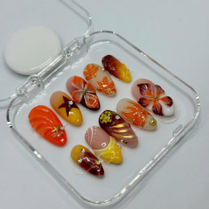 Autumn Blaze Press-On Nails – 3D Floral & Leaf Designs in Orange, Red Gold | Handmade Nails for Fall, Thanksgiving, or Gift for Her
