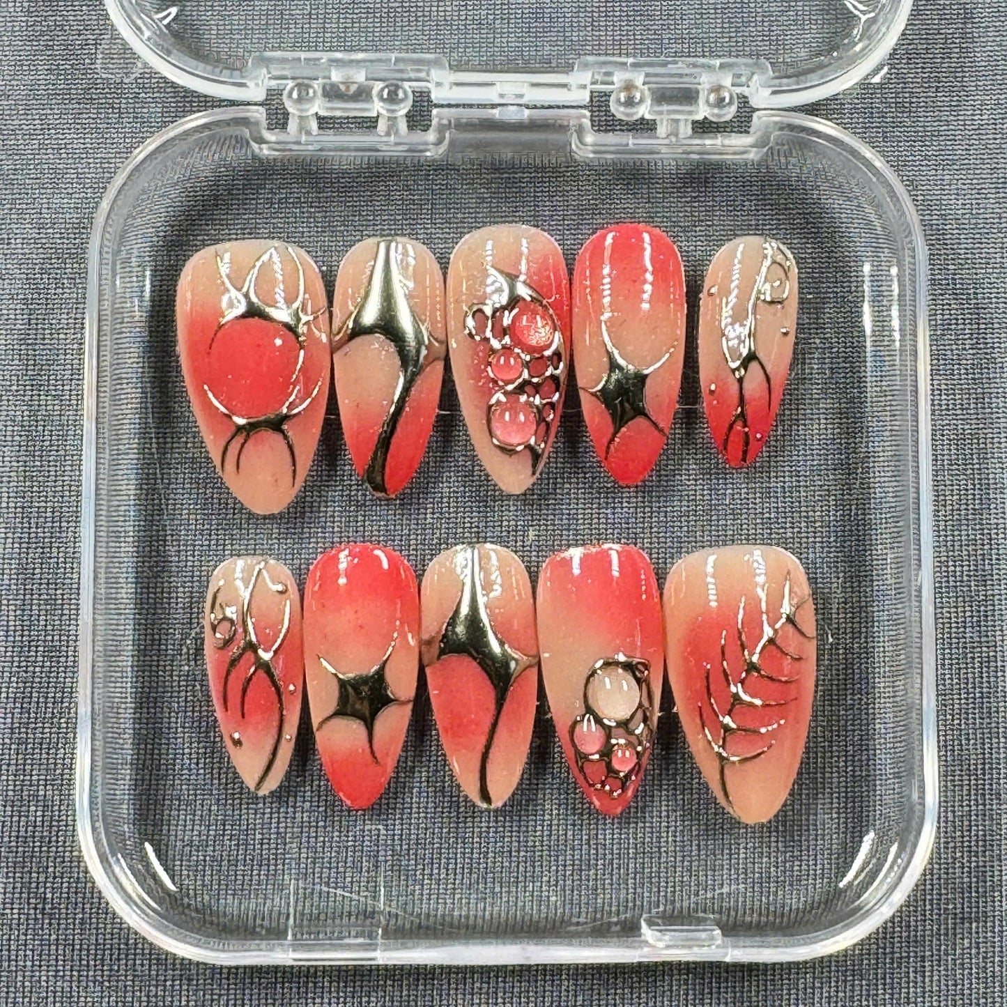 Crimson Flux Press On Nails – Red Chrome Abstract Art with Black Web Accents | Gift for Her