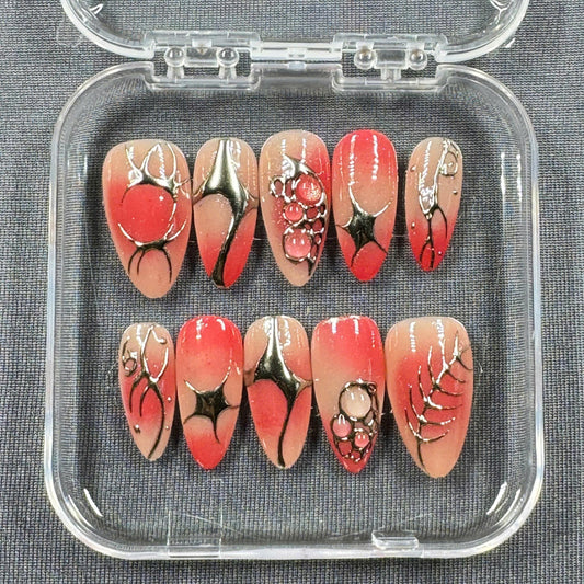 Crimson Flux Press On Nails – Red Chrome Abstract Art with Black Web Accents | Gift for Her