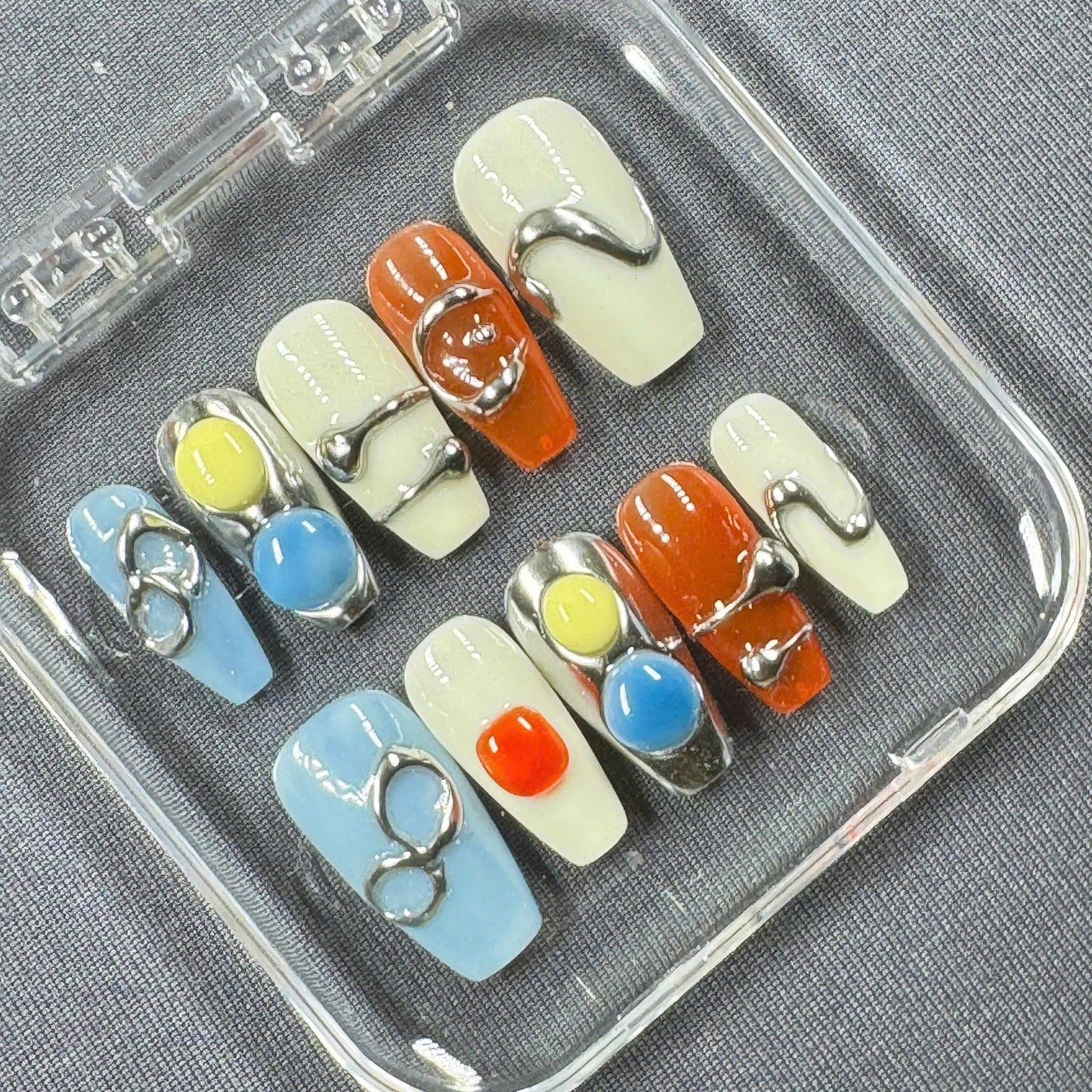Chrome Orb Press On Nails – Abstract Pop Art Design in Blue, Yellow and Orange Tones | Gift for Her