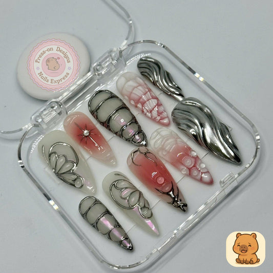 Futurist Bloom Press-On Nails – Silver Chrome and Contour Line Nail Art with 3D Bubbles & Sculpted Texture – Handmade Abstract Set