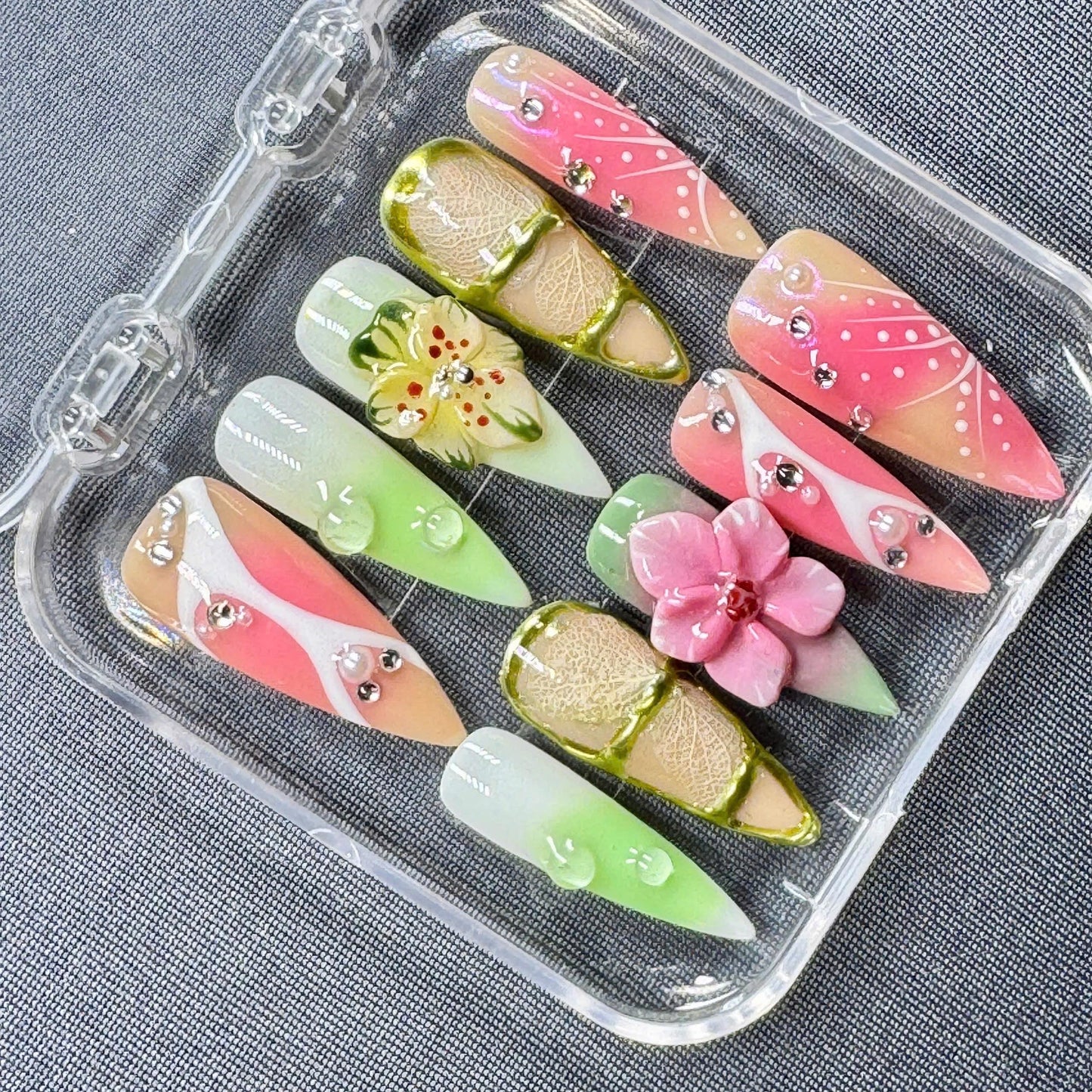 Rainbow Butterfly Press-On Nails – Artistic Gel Nail Art with 3D Butterfly Design – Handmade Multicolor Set