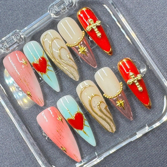 Elegant Marble Press-On Nails – Trendy Neutral Tones with Gold Flecks – Handmade Nail Art Set
