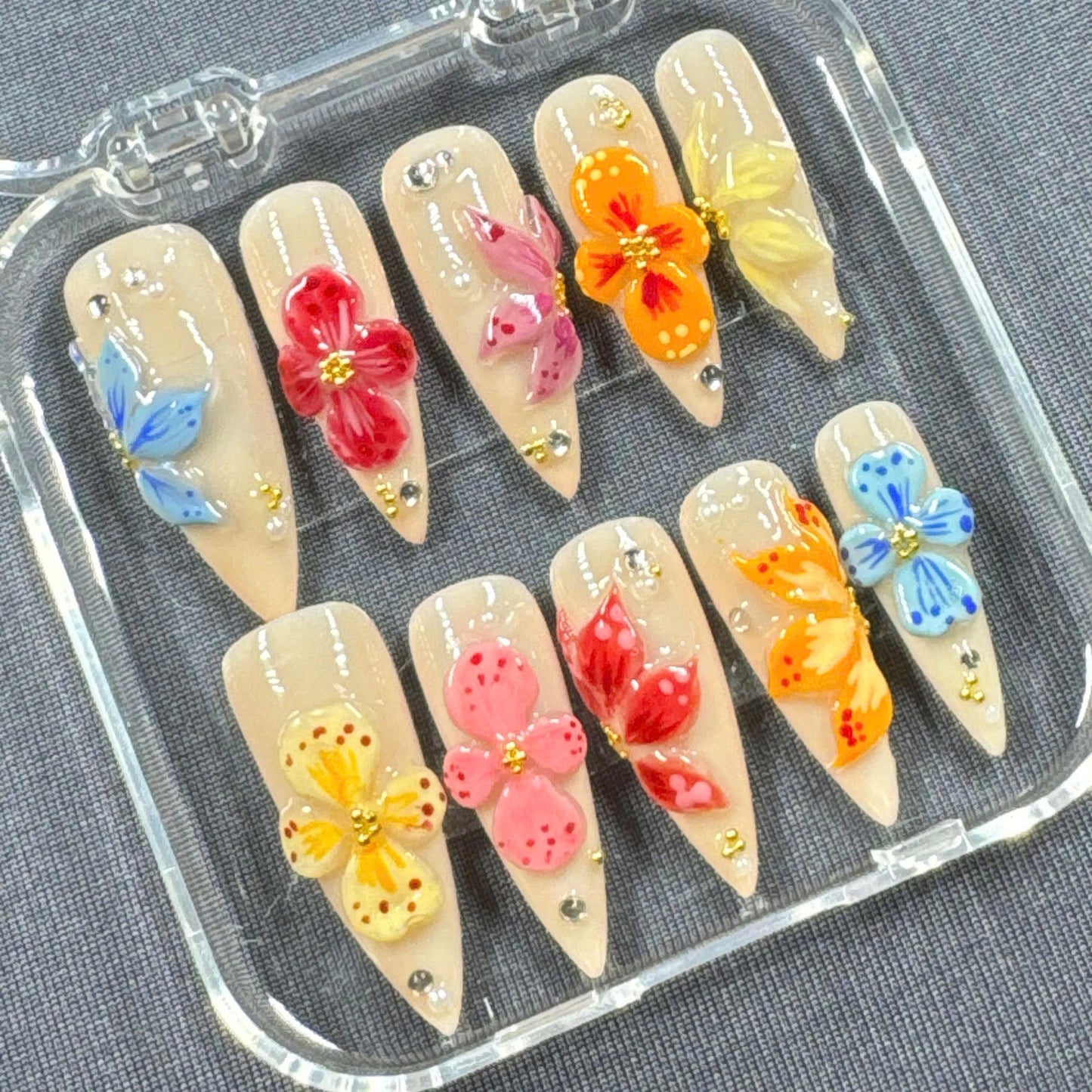 Rainbow Garden Press-On Nails – 3D Multicolor Flowers Nude Gloss Base | Handmade Nails for Spring, Events, or Gift for Her