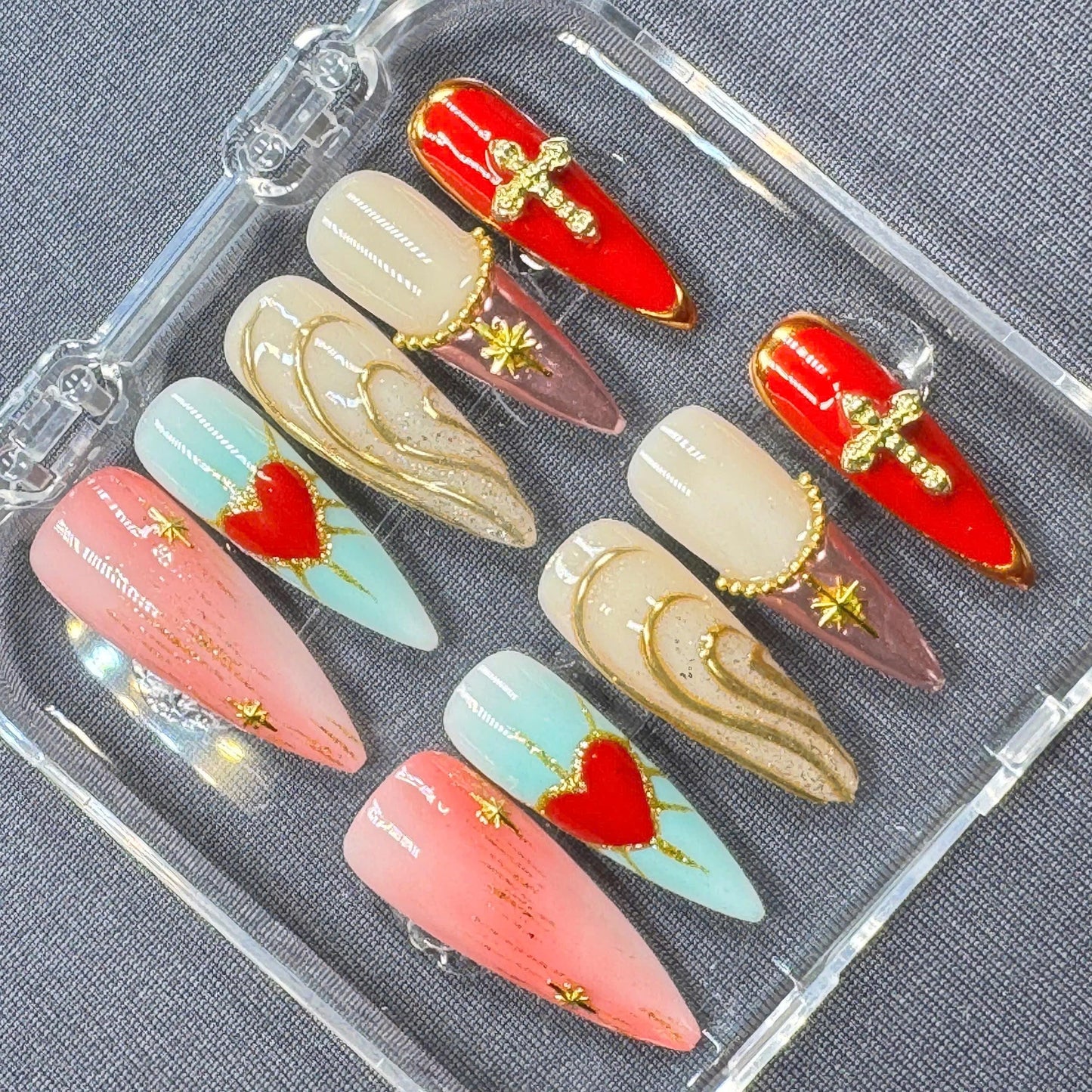Elegant Marble Press-On Nails – Trendy Neutral Tones with Gold Flecks – Handmade Nail Art Set