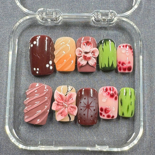 Fruit Garden Press-On Nails – 3D Flowers with Strawberry and Cactus Art in Bold Summer Colors | Handmade Nails for Nature Lovers