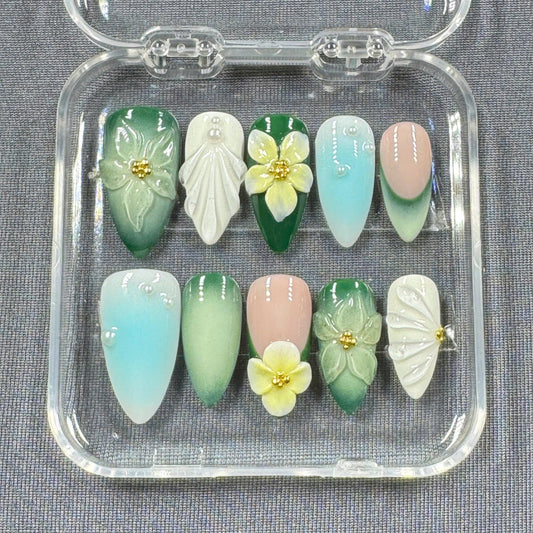 Spring Garden Bloom Press On Nails – Ombre Green with 3D Florals and Pearl Accents | Gift for Her