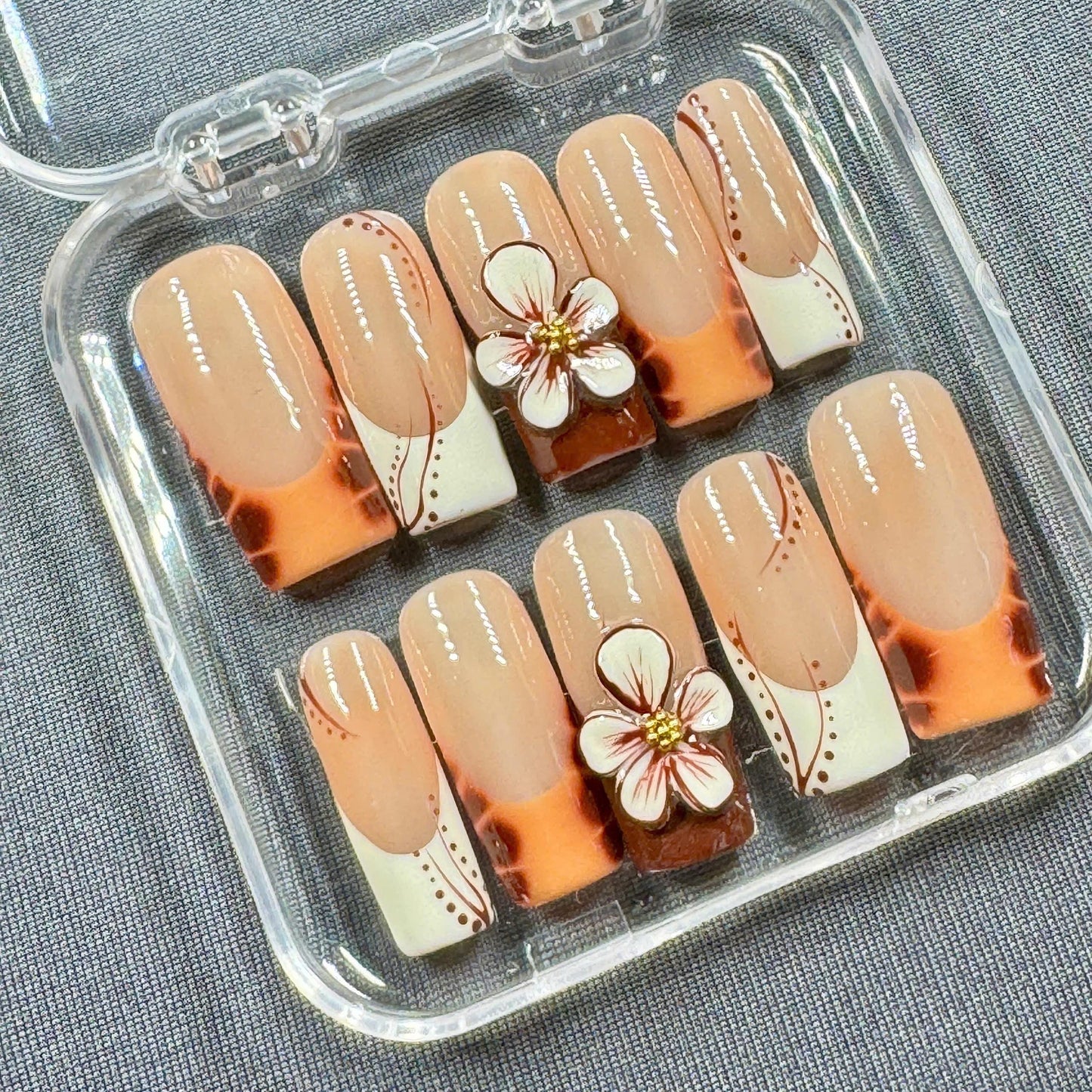 Floral French Press On Nails – Brown Beige Spring Coffin Set with 3D Blossom and Nude Gradient | Gift for Her