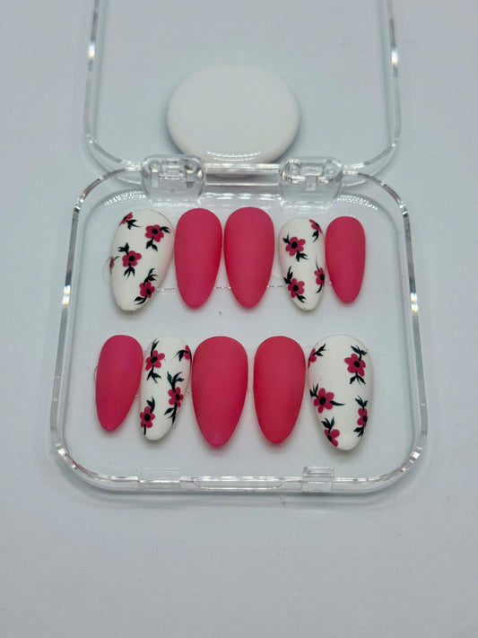 Rosy Blossom Matte Press-On Nails with Pink Solid & White Floral Accents – Perfect for Spring, Everyday Wear, or a Thoughtful Gift for Her