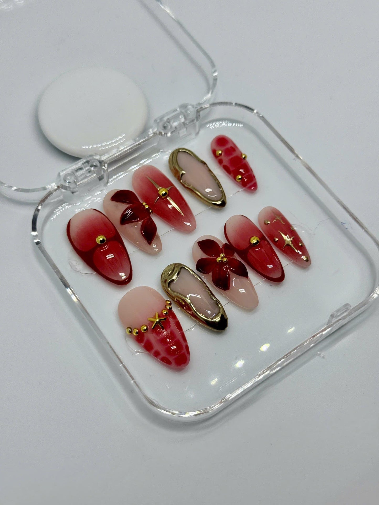 Cherry Bloom Press-On Nails with Pink Ombre, 3D Red Flowers, Gold Charms & Glossy Finish | Perfect for Date Night, Gifts | Summer Style
