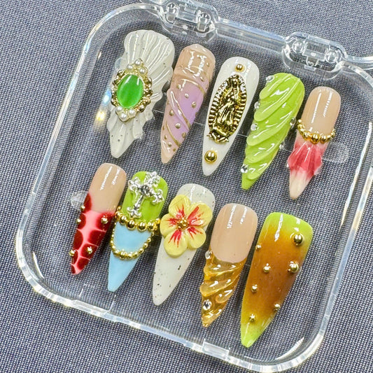 Ocean Breeze Press-On Nails – Ocean Blue Gradient with Seashell Design – Handmade Nail Art for Summer Vibes