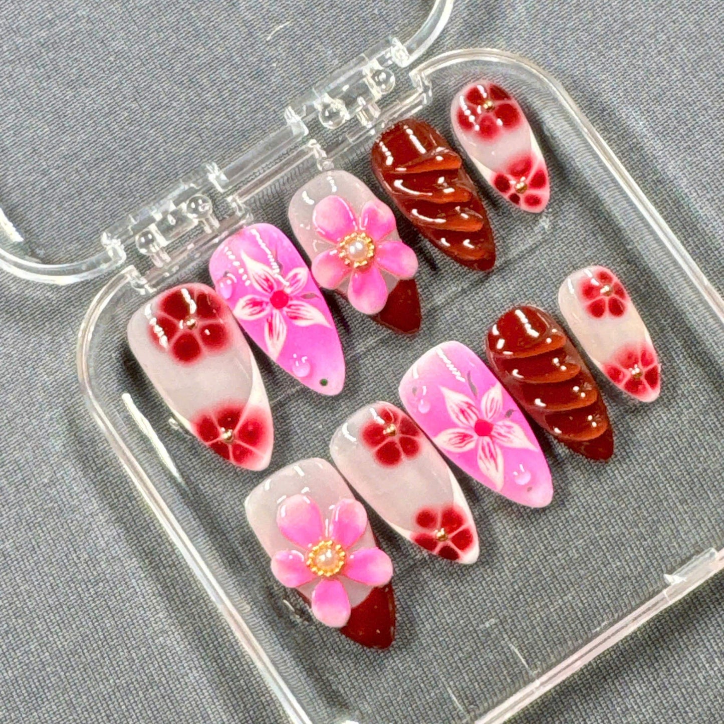 Rosé Bloom Press On Nails – Wine Pink Gradient with Handcrafted Flowers and Glossy Sculpted Tips | Gift for Her