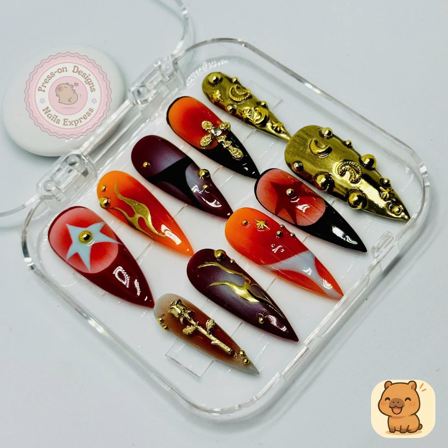 Celestial Fire Press-On Nails – Gothic Gold Embellished Long Almond Nail Set with Moons, Cross, Stars & Flames – Handmade Luxury Art