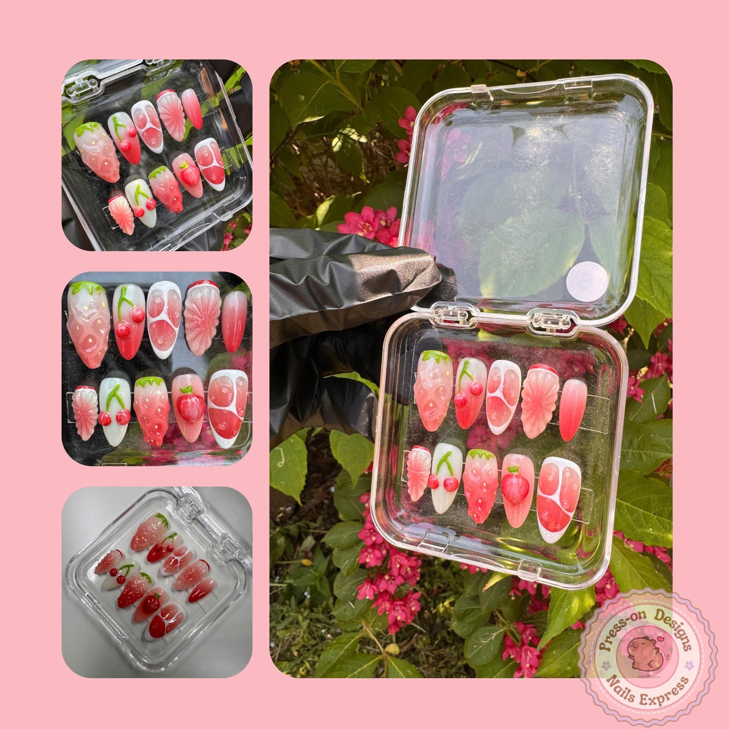 Nail Box || Berry Cute Press-On Nails with 3D Strawberry Cherry Designs – Perfect for Summer, Gifts & Kawaii Nail Lovers