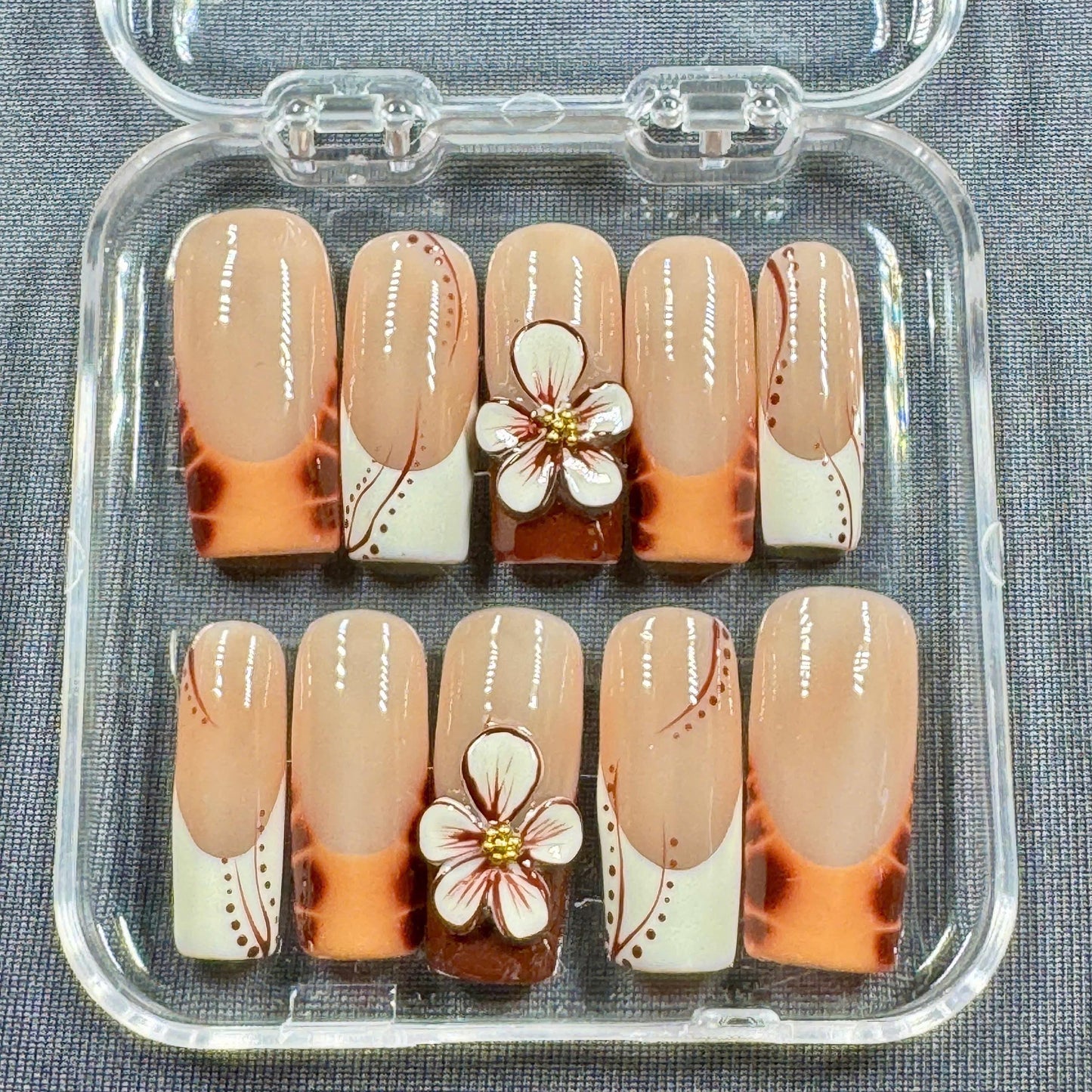 Floral French Press On Nails – Brown Beige Spring Coffin Set with 3D Blossom and Nude Gradient | Gift for Her