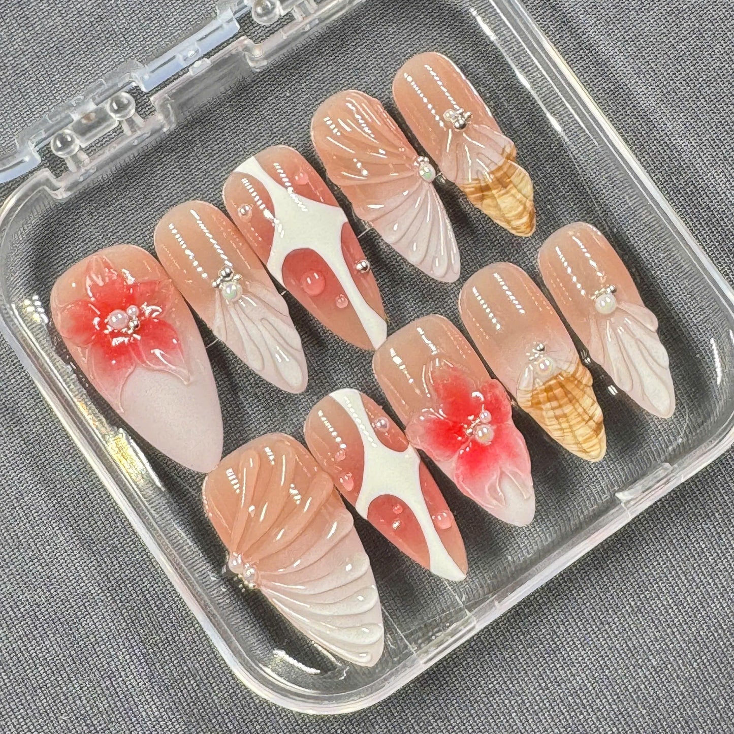 Blush Bloom Shore Press On Nails – Nude Pink with Shell Texture & 3D Flower Accents | Gift for Her