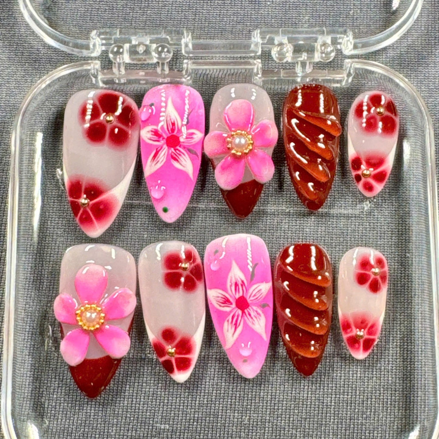 Rosé Bloom Press On Nails – Wine Pink Gradient with Handcrafted Flowers and Glossy Sculpted Tips | Gift for Her