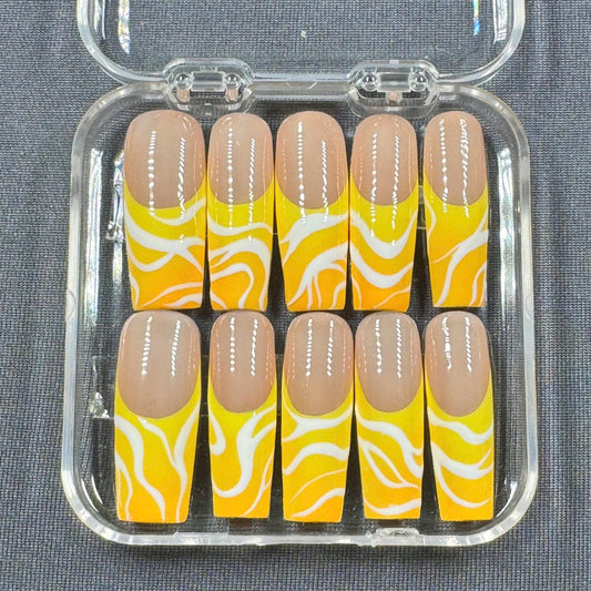 Citrus Swirl Press On Nails – Yellow Orange Marble French Tips in Long Coffin Shape | Gift for Her