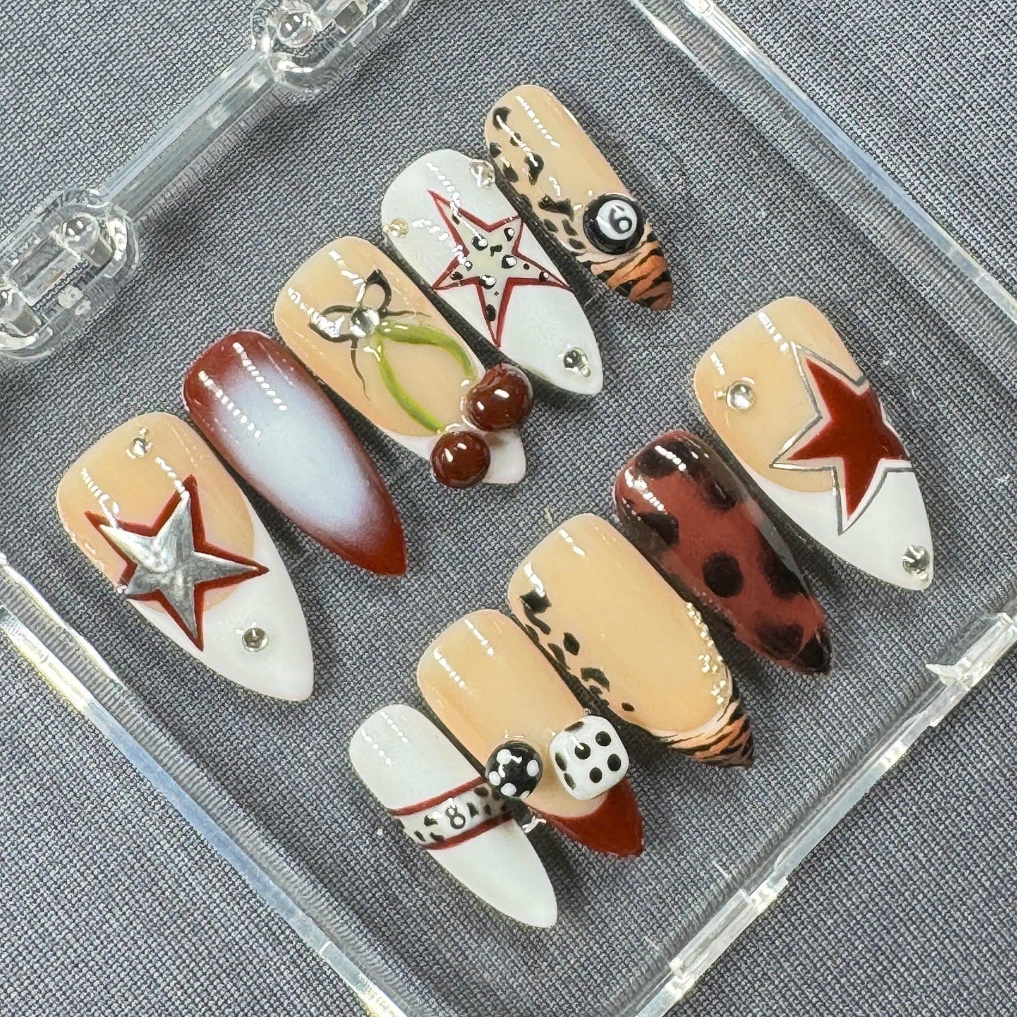 Wild West Vibes Press On Nails – Dice, Stars and Cherry Detail in Western Glam Style | Gift for Her