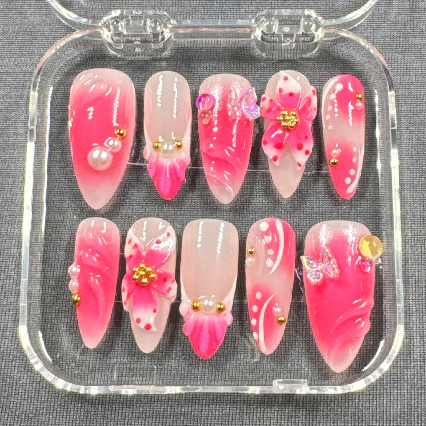 Pink Fantasy Press-On Nails – 3D Flowers with Pearls Gold Beads and Butterfly Accents | Handmade Nails for Girly Glam or Summer Events