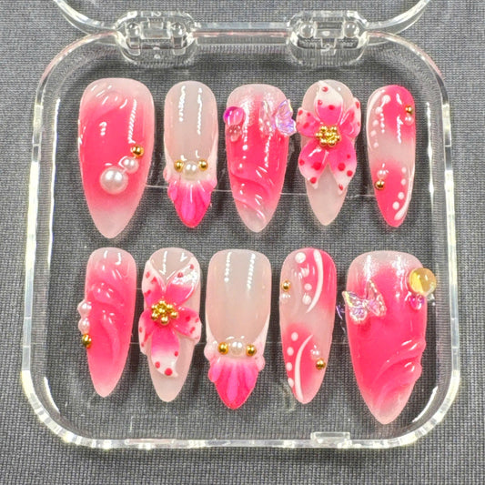 Pink Fantasy Press-On Nails – 3D Flowers with Pearls Gold Beads and Butterfly Accents | Handmade Nails for Girly Glam or Summer Events