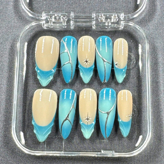 Ocean Mirage Press On Nails – Turquoise Gradient with Silver Lines and Star Charms | Gift for Her