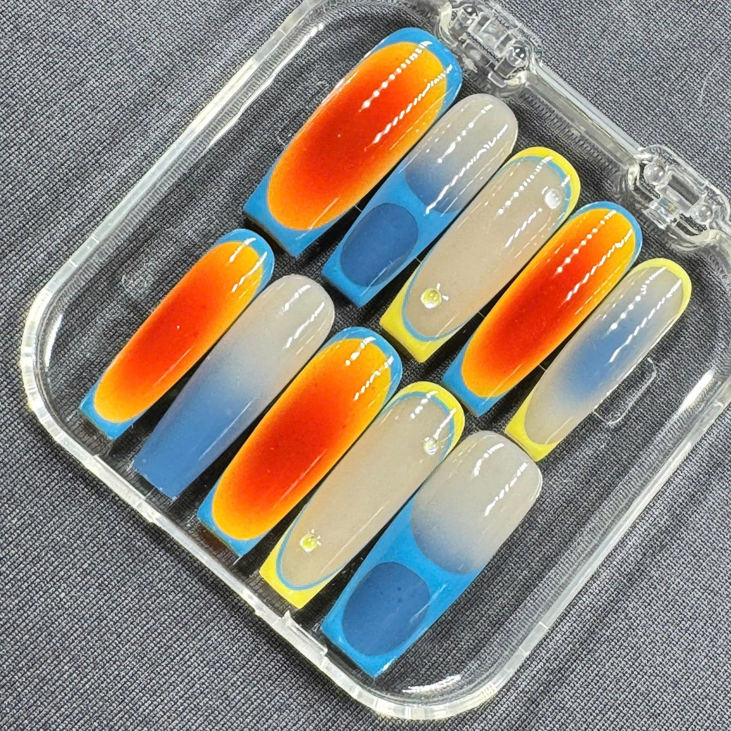 Sunset Mirage Press-On Nails – Red Orange Blue Gradient with Yellow Edges and Gloss Finish | Handmade Nails for Summer or Vacay Vibes