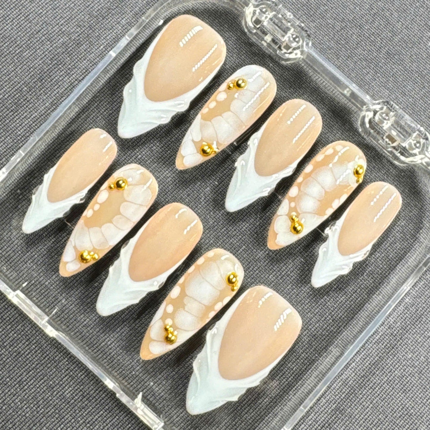 Ivory Whisper Press-On Nails – White Sculpted Tips with Butterfly Wing Art and Gold Beads | Handmade Nails for Bridal or Minimal Glam