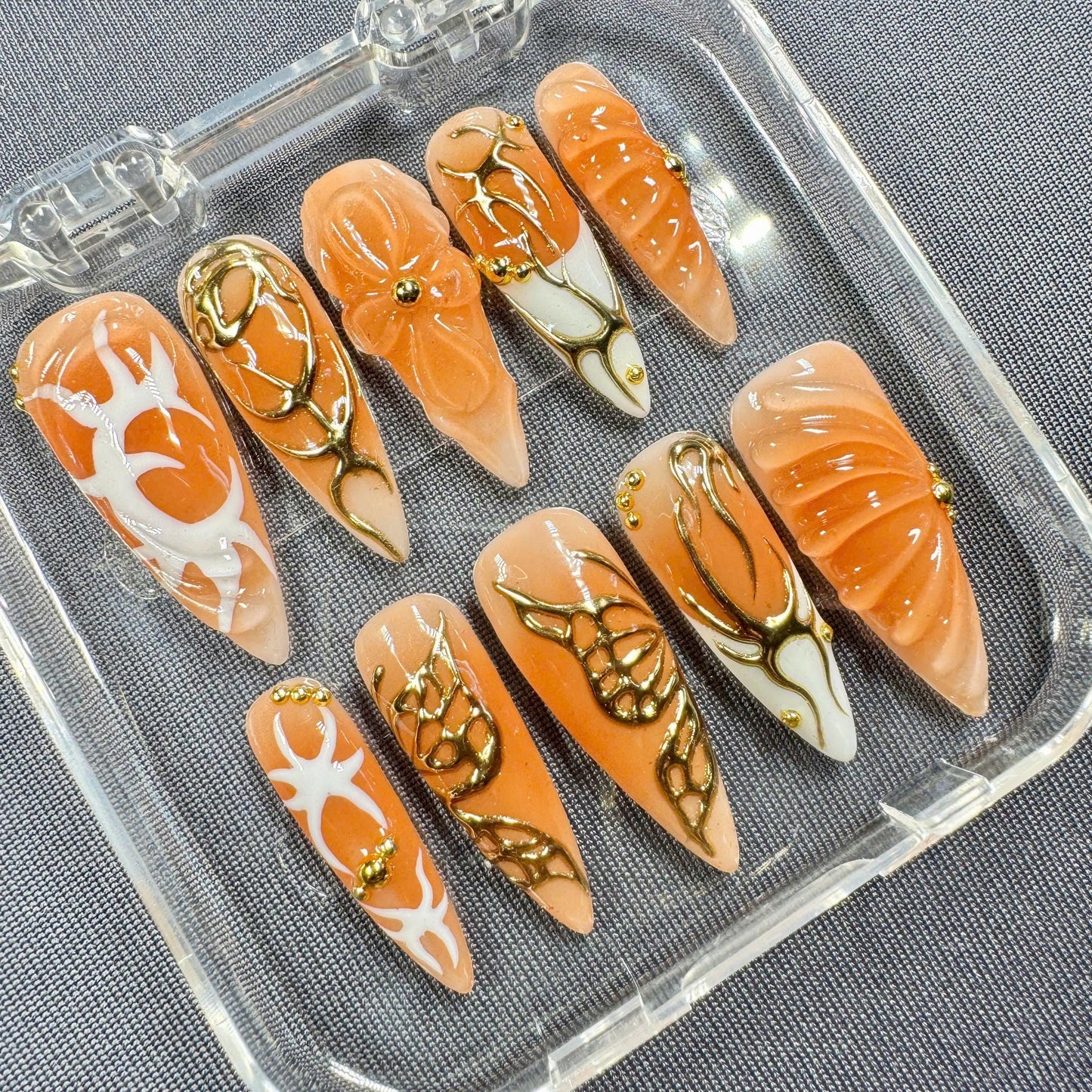 Golden Ember Press-On Nails – Orange Glossy Finish with 3D Bow, Gold Filigree & Sculpted Accents | Handmade Nails for Fall or Events